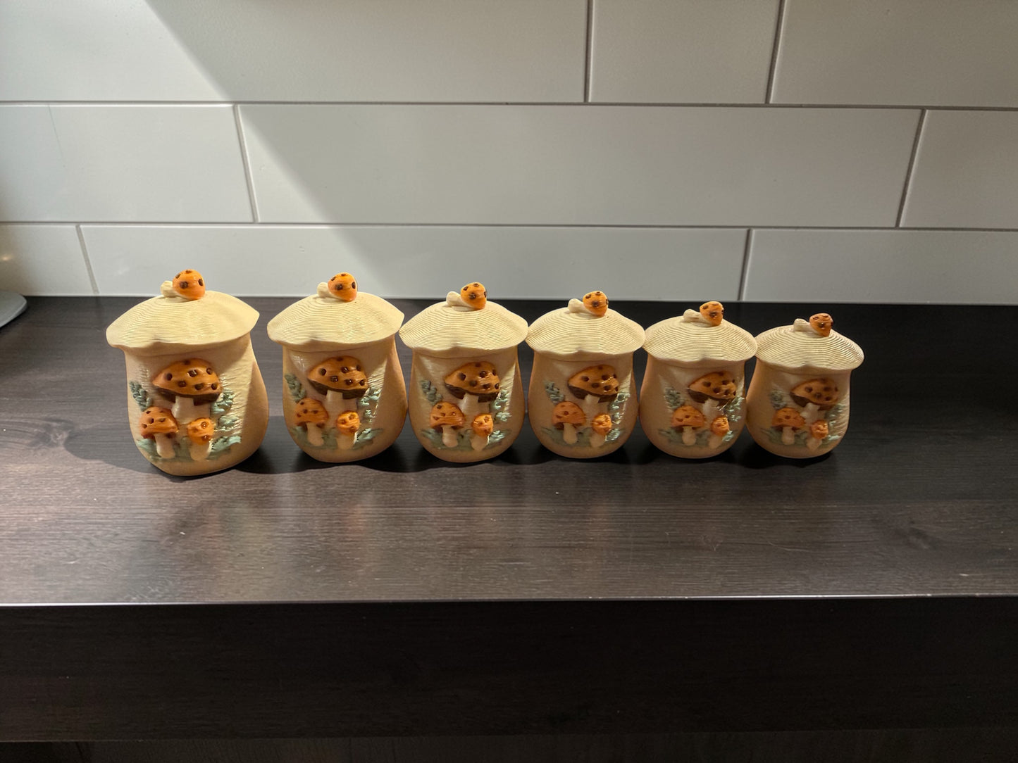 Set of 6 Merry Mushroom Inspired Miniature Canisters