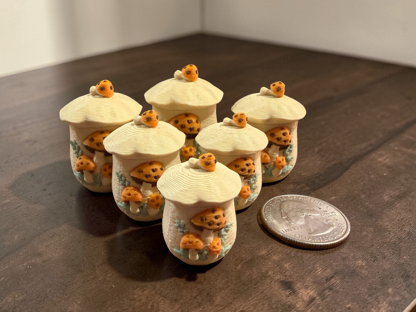 Set of 6 Merry Mushroom Inspired Miniature Canisters